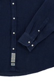 Navy blue long-sleeved linen shirt with white buttons on the front placket and buttoned cuffs. A fabric label is near the hem