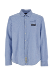 Blue long-sleeve shirt with collar, buttoned cuffs, curved hem. LA MARTINA embroidery & ARGENTINA patch on left chest.