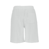 Optic white Bermuda shorts with an elastic drawstring waist and a single rectangular patch pocket on the right rear.