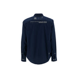 Dark blue long-sleeved shirt with a standard collar, buttoned cuffs, and a curved hem. The back features white '02' and 'ENGL