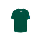 Dark green short-sleeved crew neck t-shirt with a light grey embroidered logo of two horsemen on the back. A blue letter is o