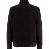 Plain black sweatshirt, back view, with a ribbed stand-up collar, long sleeves, ribbed cuffs, and a ribbed hem.