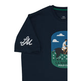 Navy blue short-sleeved crew neck t-shirt. White 'LM' embroidered on left sleeve. Front features a graphic of a polo player o