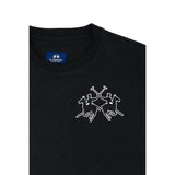 Black short-sleeve t-shirt with a round neck and a white embroidered logo of two polo players on horseback on the chest.