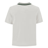Optic white short-sleeve polo shirt with a dark green ribbed collar featuring two thin white stripes.