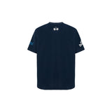 Dark blue short-sleeve t-shirt with white polo players on back, white script 'L' on right sleeve, blue script 'ni' on left sl