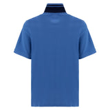Medium blue short-sleeve pique knit polo shirt with a dark navy collar featuring two lighter blue stripes.