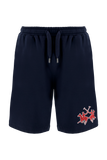 Navy blue sweatshorts with an elastic drawstring waist, silver-toned aglets, and a red embroidered polo player logo on the ri