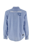 Light blue chambray long-sleeved shirt with white 'PLAYER 03 CAPTAIN POLO PLAYER' and blue 'ARGENTINA' text on the back.