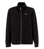 Black full-zip sweatshirt with a stand-up ribbed collar, silver-toned zipper, ribbed cuffs and hem, and an embroidered logo o