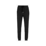 Black jogging pants with elasticated drawstring waist, gold-toned tips, side pockets, ribbed cuffs, and a small white logo on