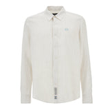 Off-white long-sleeve button-up shirt with fine vertical stripes, a collared neck, and a light blue embroidered logo on the l
