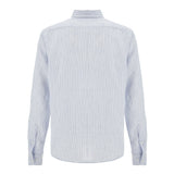 Back of a light blue and white vertically striped long-sleeved shirt with a collar and buttoned cuffs.