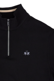 Black quarter-zip sweatshirt with a stand collar, silver-toned zipper, and light grey embroidered polo logo.
