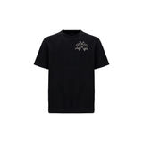 Black short-sleeved t-shirt with a white abstract graphic of intertwined figures on the left chest.
