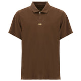 Desert palm brown short-sleeved polo shirt with a folded collar, two white buttons, and a gold-toned embroidered logo.