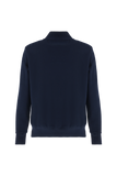 Navy blue sweatshirt with a ribbed mock neck, long sleeves with ribbed cuffs, and a ribbed hem.