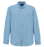 Light blue long-sleeved linen shirt with a spread collar, button-down front, buttoned cuffs, and an embroidered chest logo.