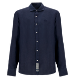 Navy blue long-sleeved linen shirt with a spread collar, white buttons, buttoned cuffs, and a small embroidered logo on the l