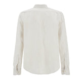 Back of an optic white long-sleeved shirt with subtle vertical stripes, a collar, and buttoned cuffs.