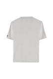Optic white short-sleeve t-shirt, back view. Features a crew neck and a small green embroidered logo on the left sleeve.