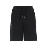 Black fleece shorts with an elasticated drawstring waist, silver-toned tips, and a subtle black-on-black vertical logo on the
