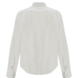 White long-sleeved shirt with a classic collar, buttoned cuffs, and a curved hem. Lightweight fabric.