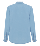 Light blue textured long-sleeved shirt, back view. Collar, shoulder yoke, buttoned cuffs with two buttons, curved hem.