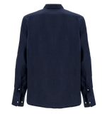 Navy long-sleeved shirt, back view. Features a collar, buttoned cuffs with two light buttons, and a button tab on each sleeve