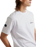 Optic white men's short sleeve T-shirt with a crew neck, embroidered La Martina logo on the chest, and a circular patch on th