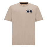 Beige short-sleeved crew neck t-shirt with a dark blue embroidered logo of two polo players on horseback on the left chest.