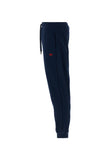 Navy blue jogging pants with an elastic drawstring waist, silver-toned tips, side pockets, red embroidered logo, and cuffed a