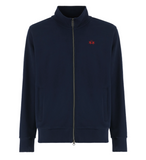 Navy full-zip sweatshirt with a stand-up ribbed collar, ribbed cuffs and hem, two front welt pockets, and a red embroidered l