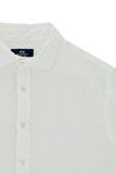 Optic white linen button-front shirt with a classic collar, light buttons, and a subtle embroidered logo on the chest.