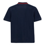 Navy blue short-sleeved polo shirt with a ribbed collar featuring two red stripes. Back view.