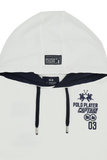 Optic white hooded sweatshirt with navy blue hood lining and drawstrings with silver-toned aglets. Navy embroidered polo play