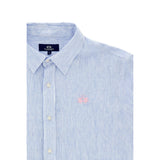 Blue and white pinstriped collared shirt with white buttons and a pink embroidered logo on the left chest.
