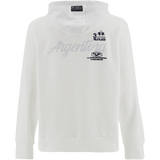 Optic white hooded sweatshirt with ribbed cuffs and hem. Back features 'Argentina' script, '3 Captain Polo Player' logo, and