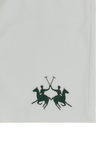 Optic white fabric with a dark green embroidered logo of two polo players on horses with crossed mallets.