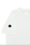 Optic white crew neck t-shirt with a navy blue circular patch on the left sleeve featuring a gold-toned polo player emblem.