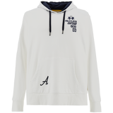 Optic white hoodie sweatshirt with navy-lined hood, drawstrings, and a kangaroo pocket. Navy embroidery on the chest and pock