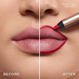 A gold-toned lip liner pencil with a red tip emerging from a black collar.