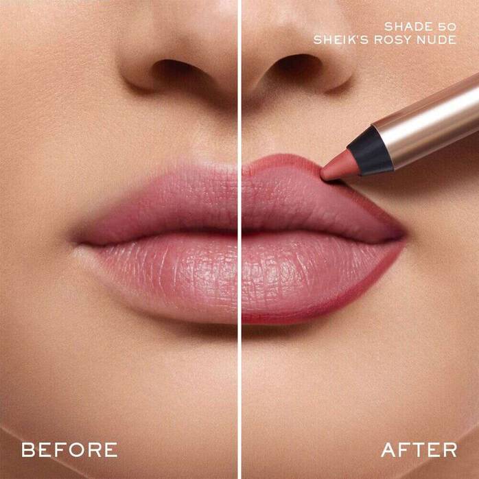 Rose gold-toned lip liner pencil with a black band near the tip, revealing a rosy nude colored product.
