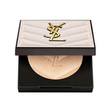 White textured cosmetic compact with gold-toned YSL logo, open to reveal a circular pan of shimmery light gold pressed powder