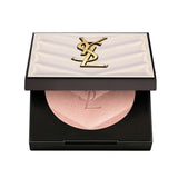 Partially open Yves Saint Laurent Hyper Luminize compact with white textured lid, gold-toned YSL logo, and shimmery pink powd