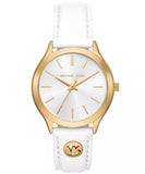 Michael Kors Slim Runway Ladies Silver Dial Gold Case White Leather Starp Watch