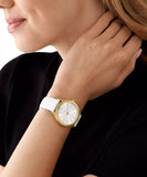 Michael Kors Slim Runway Ladies Silver Dial Gold Case White Leather Starp Watch