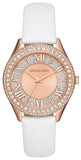 Michael Kors Harlowe Ladies White Dial Rose Gold Vase White Lizard Embossed Leather Strap