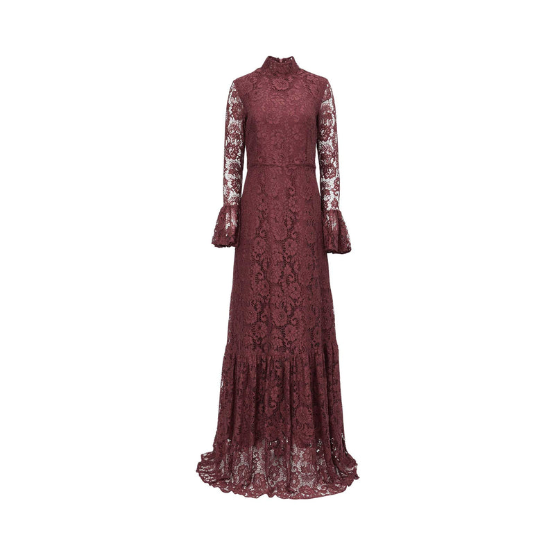 Front view of a dusty mauve Andrea & Leo Couture evening gown featuring a floral embroidered sheer bodice and ruched satin skirt.
