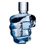 Vertical front-focused view of the Diesel Only The Brave 125ml Eau de Toilette bottle, showcasing its sculpted blue glass fist design and silver Diesel logo ring.